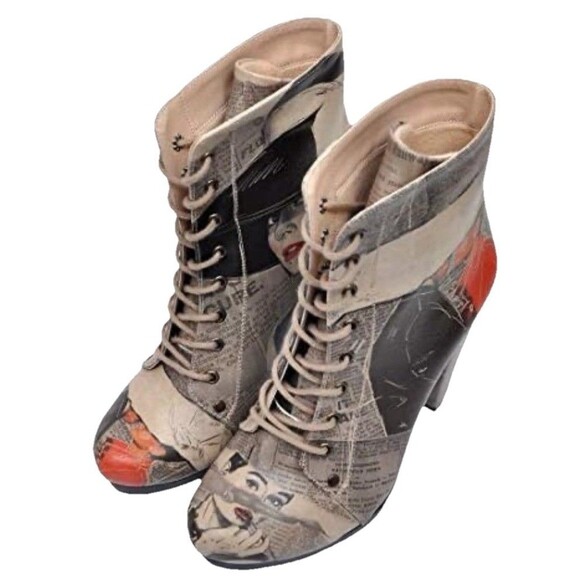DOGO Women’s Vegan Leather Gray Heeled Booties Audrey Hepburn Newspaper Design - Picture 1 of 13